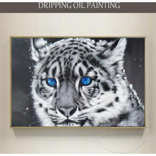 Artist Team Directly Supply High Quality Blue Eyes Tiger Oil Painting Hand-painted White Tiger with Blue Eyes Oil Painting