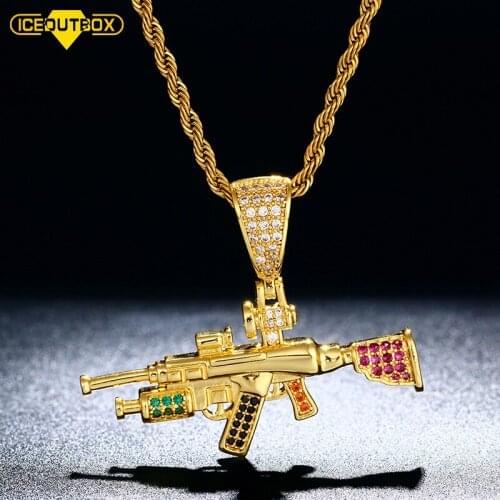ICEOUTBOX Colorful Crystal Hip Hop Submachine Gun Fashion Pendant Necklace Bling Rhinestone Tennis Chain Necklace Punk Jewelry