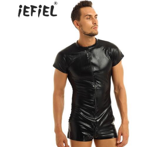 IEFiEL Mens Short Sleeves Front Zipper Bulge Pouch Leotard Evening Party Dancing Clubwear Bodysuit Bodystocking with Mesh Side