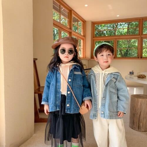 Korean style 2021 Fall Boys Fashion Denim Jackets Baby Girls Single breasted Loose Coats Kids Loose Casual Tops 1-6Y Clothing