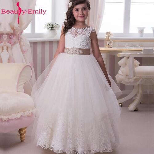 Beauty Emily White Ivory Flower Girl Dresses 2020 Ball Gown Belt Wedding Party Dress for Child Girl Prom Dresses