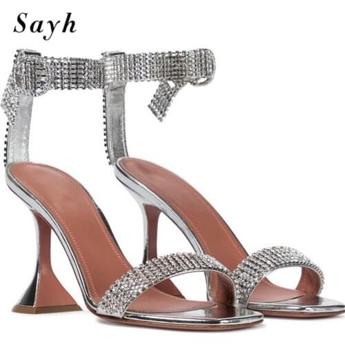 Summer Women Thin High Heel Pumps Rhinestones Crystal Buckle Stiletto Peep Toe Stiletto Sandals Sexy Bridal Dress Shoes