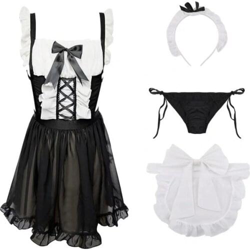 Japanese Cute Maid Cosplay Costumes Seduction Sexy Nightgown Women School Uniform Lingerie Set Bowknot Kawaii Maid Outfits