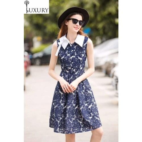 Fashion Summer 2020 Newest High Quality Women White Turn-down Collar Blue Lace Patchwork Sleeveless A-Line Work Dress OL
