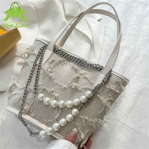 Fashion Trend Simplicity Solid Color Shoulder Bags High Capacity Casual Pearl Water Proof Canvas Bags New Chain Women Hand Bags