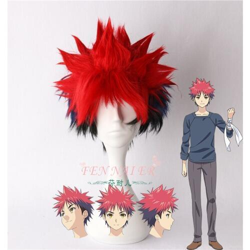 Shokugeki No Soma Yukihira Souma Cosplay Wig for Men 30cm Short Straight Heat Resistant Synthetic Hair Blue Red Mixed+Wig Cap