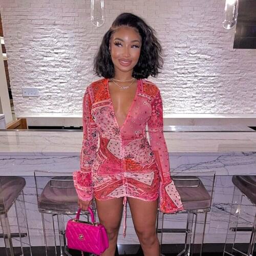 Summer Sexy Retro Print Neon Dress Womens V-neck Long Sleeve Fashion Clothing Casual Party Bodycon Mini Dress 2021 New