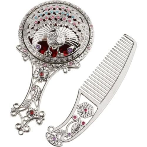 Antique Rhinestone Plated Hollow Makeup Hand Mirror Comb Set