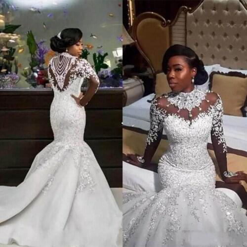 2021 Luxury Mermaid Wedding Dresses Sheer Long Sleeve High Neck Crystal Beads Chapel Train African Arabic Bridal Gowns Plus Size