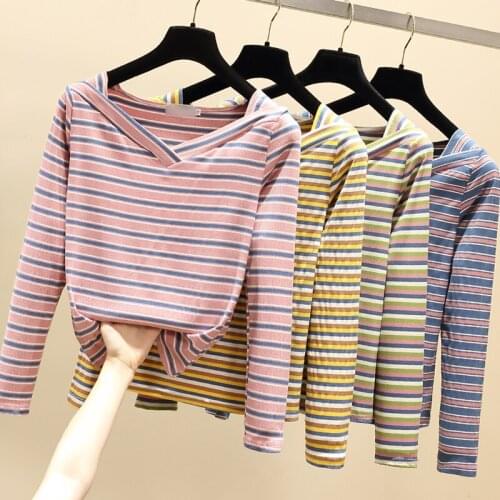 Striped V-Neck Long Sleeved Top Korean Fashion WomenS T-Shirt Female Vintage Clothing Blouses 2021 Kawaii Harajuku