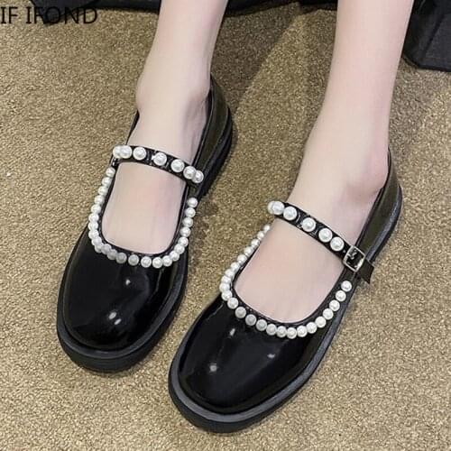IF IFOND Japanese Style Pearl Pu Leather Mary Jane Shoes Women Pumps Spring Autumn Platform Woman Flats Round Toe Ladies Shoes