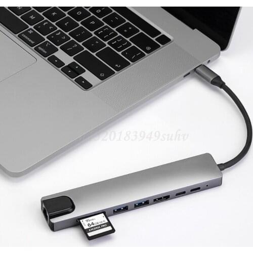 8-in-1 Type C Hub Laptop Computer Peripheral Docking Station USB Adapter with 65W PD HDMI-compatible SD/TF Card Reader