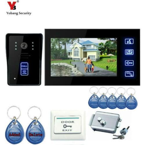 Yobang Security 7 Inch Touch Keypad Video Intercom Hands Free Video Doorphone With IR Camera Electronic Lock + 5Pcs RFID Keyfobs