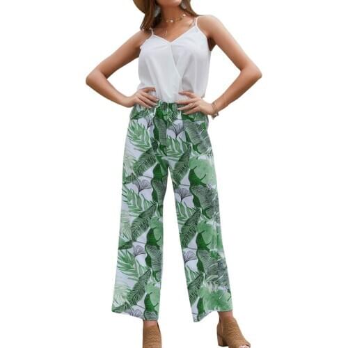 Original Design Women Summer Spaghetti Strap Top Leaves Print Pants Two Pieces Suit Boho Casual Camis