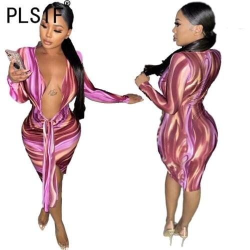 Women Deep V Neck Sexy Bodycon Dress Full Sleeve Print Party Club Dress Sexy Night Elegant Wear