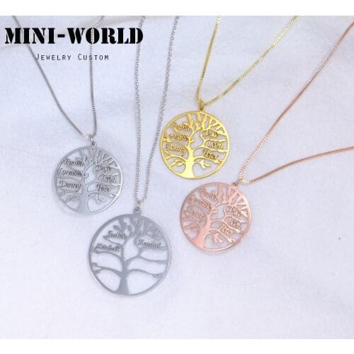 Mini-World Womens Tree of Life Necklace Custom 1-9 Names Stainless Steel Family Tree Pendant Necklace Family Nameplate Jewelry