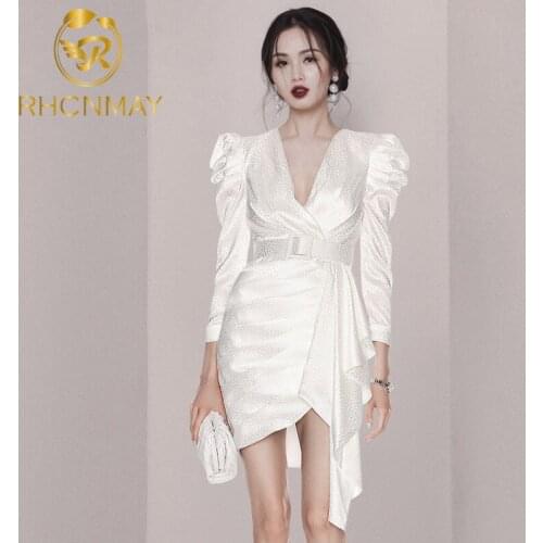 New Summer White Long Sleeve For Women Sexy Deep V Neck Mini Celebrity Evening Runway Club Party Ladies Dresses
