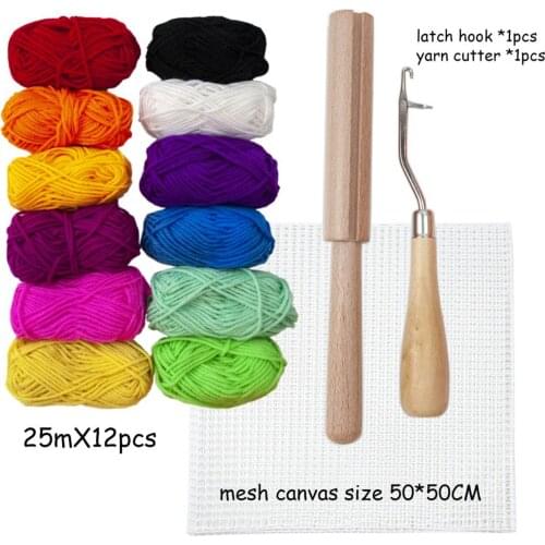 1 Set Latch Hook Rug Yarn Kits with Wooden Yarn Cutter Tool, Mesh Canvas, Latch Hook Crochet for Tapestry Carpet Rug Making DIY