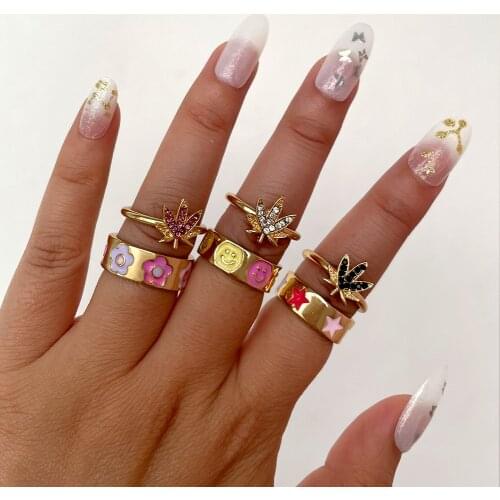 2Pcs/Set Ins Candy Color Smiley Flower Enamel Rings for Women Sweet Girls Shiny Crystal Maple Leaf Knuckle Ring Jewelry Gifts