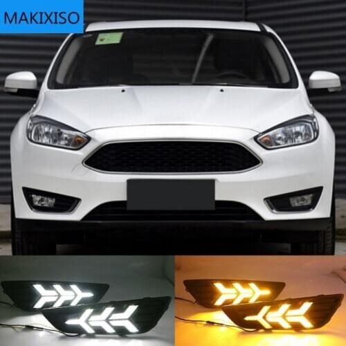 2PCS LED Daytime Running Light For Ford Focus 3 MK3 2015 2016 2017 2018 Yellow Turn Signal Function Waterproof 12V Car DRL Lamp