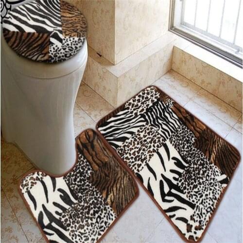 3Pcs Bathroom Mat Bath Rug Set Animal Skin Print Contour Mat Lid Cover Washroom Foam Carpet Mesh Bathroom Toliet Rugs