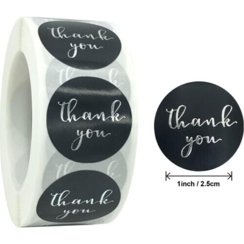 500pcs/Roll 1inch Round black thank you bronzing gold foil gloss stickers silver font for envelope seal labels sticker 2.5MM
