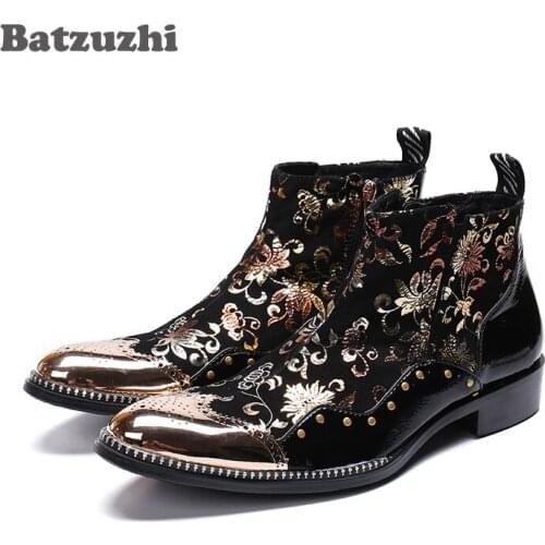Batzuzhi Italian Type Men Shoes Pointed Metal Toe Black Leather Ankle Boots Botas Hombre Designers Party Prom Boots Man, US6-12