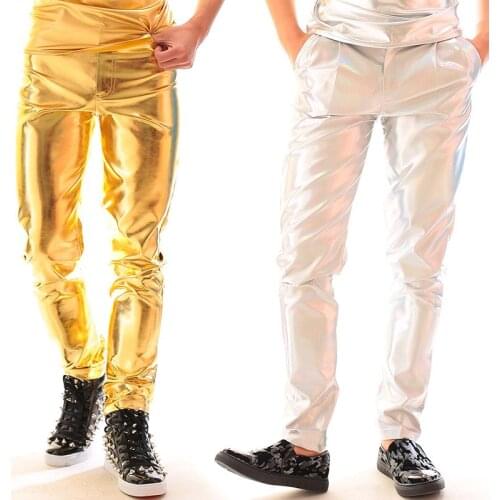 Jazz Dance Costumes Gold Silver Leather Pants Night Party Bar Prom Male Clothes Adult Glossy Pant 2019 Clothing Stage Wear DT813