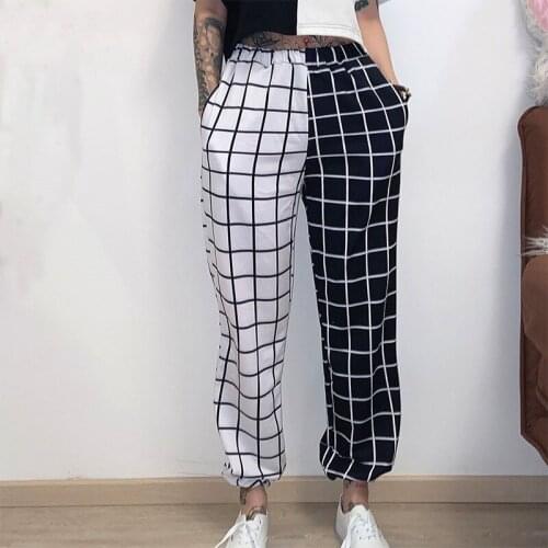 Women Elastic High Waist Drawstring Trousers Pants Sport Wear New Bottoms Black and White Checkerboard Lattice Summer Casual