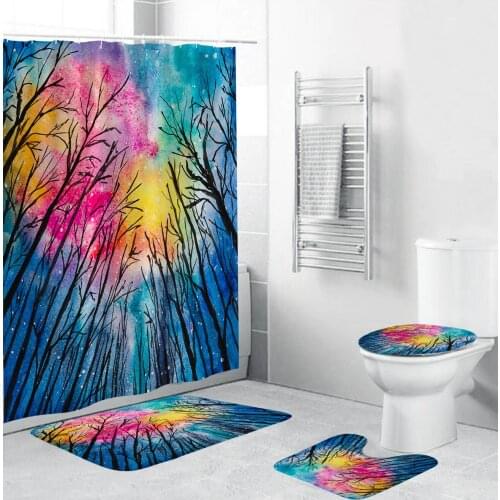 Colored Tree Starry Sky Bathroom Curtain Set Starry Sky Forest Fabric Shower Curtains Anti-skid Rugs Toilet Lid Cover Bath Mat