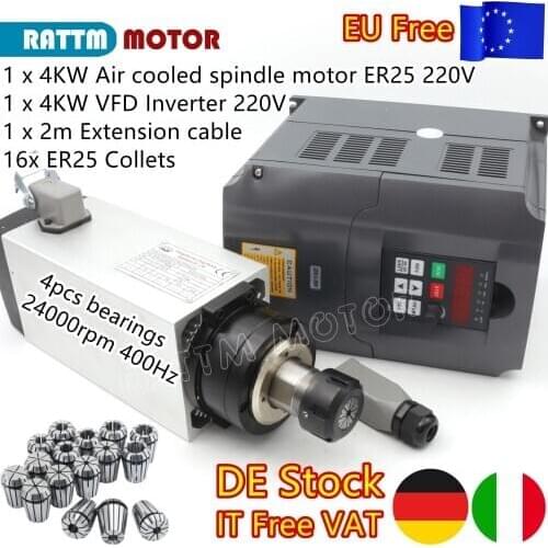 『EU Free VAT』4KW 220V Air Cooling Spindle Motor 300Hz 18000RPM 12A + HY Inverter + ER25 Collets for CNC Engraving Router Machine