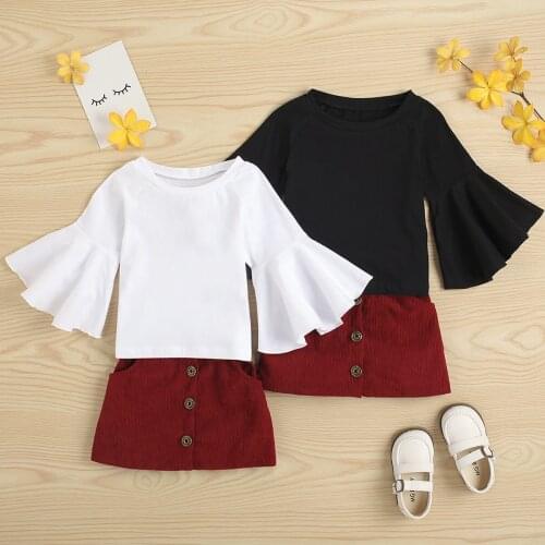 FOCUSNORM 0-4Y Fashion Baby Girls 2pcs Clothes Sets Solid Long Flare Sleeve T Shirts Tops Button Corduroy A-Line Skirts