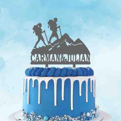 Custom Couple Name Mountain Climbing Outdoor Wedding Cake Topper Hiking Theme Wedding Party Cake Decoration Topper