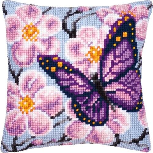 Cross Stitch Cushion Cover Purple Butterfly Needlepoint Kits Printed Canvas Chunky Yarn Cross-stitch Pillow Case Arts & Crafts