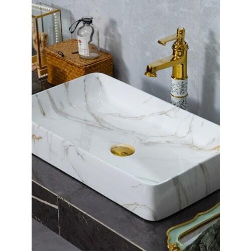 Nordic minimalist marble ceramic gold pattern art above counter basin household bathroom ceramic square washbasin