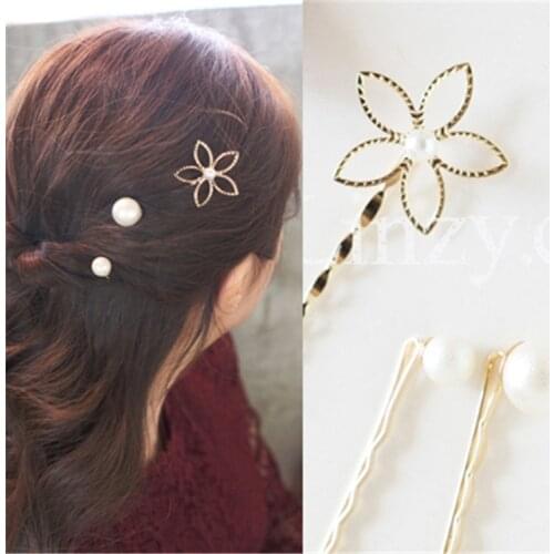 New Fashion Hollow Five-petal Flower Pearl Three-piece Female Hairpin Clip Bangs Clip Bride Wedding Hair Accessories