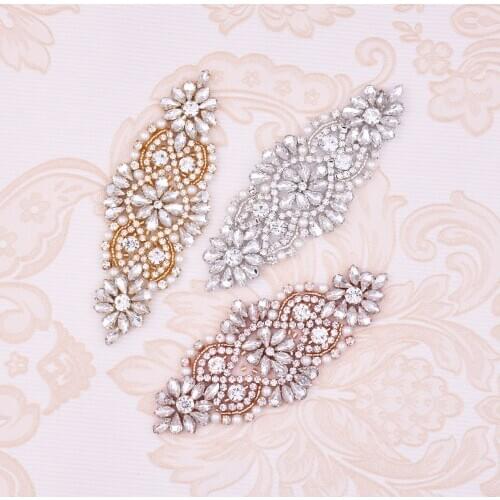 Wholesale Pearl Bridal Belt Wedding Rhinestone Applique Three Colors Beaded Crystal Applique Iron On for Wedding Dresses