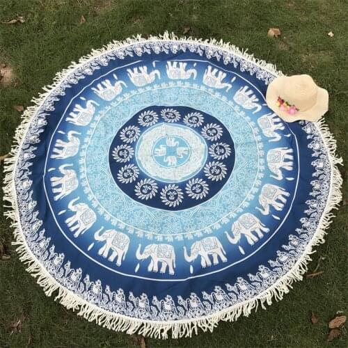 Beach Mat Indian Mandala Tapestry With Tassels Flower Elephant Printed Bohemian Beach Mat Bikini Cover-Up Blanket