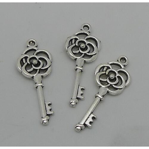 RONGQING 200pcs / lot Key flower 29x12mm Charms for DIY bracelets necklace Pendants Zinc Alloy wholesale jewelry lots silver