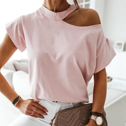 Casual Solid Color T Shirts Tops Women T-shirt Off Shoulder Short Sleeve Tshirts Halter Summer Fashion Ladies