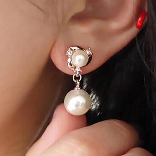Elegant Princess Shiny Rhinestone Dangle Round Imitation Pearl Stud Earrings stainless steel earrings