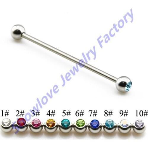 Showlove-10pcs Industrial Barbell Double Gem Surgical Steel 14G Straight Barbell Tragus Ear Piercing Studs Rings Body Jewelry