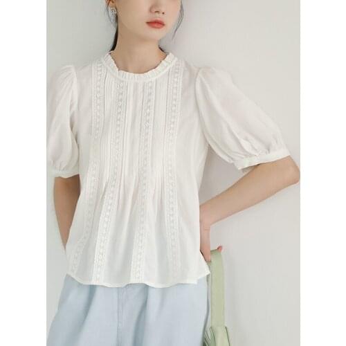 Stylish Ruffled Collar Blouse Lady Embroidered French White Short Sleeve Shirt Female Puff Sleeve Summer Top Loose Casual Shirts