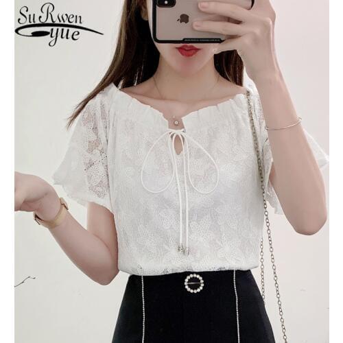 Sexy Lace Woman Blouse Hollow Out Lace Shirt Bow Ribbon Short Shirt Feminine One size Slim slash neck 8863 50