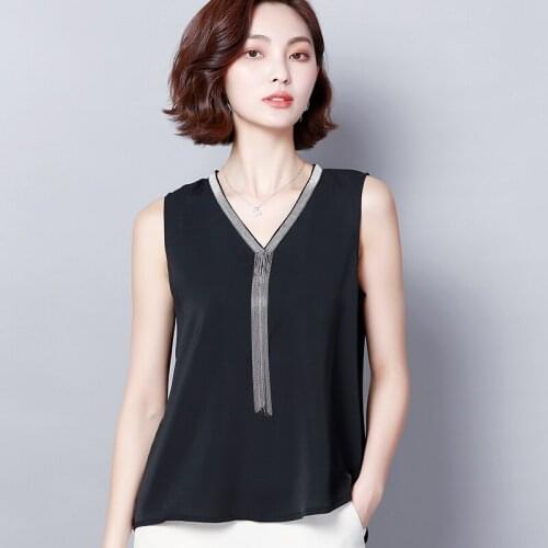 Tassel Beaded Solid Women Blouse 2021 V-Neck Sleeveless Slim Elegant Lady Elegant Pulls Outwear Pulls Tops Top Quality