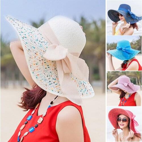 Womens Beach Hats Caps Summer Fashion Foldable Chiffon Floppy Sun Hats Ladies Sombreros Bowknot Hat For Women Chapeau Femme