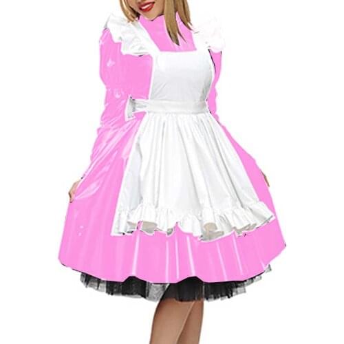 Women Cute Cosplay Costume Dress Long Sleeve Maid Lolita Dress Japanese French Outfit latex Maid Dress with Apron Plus Size 7XL