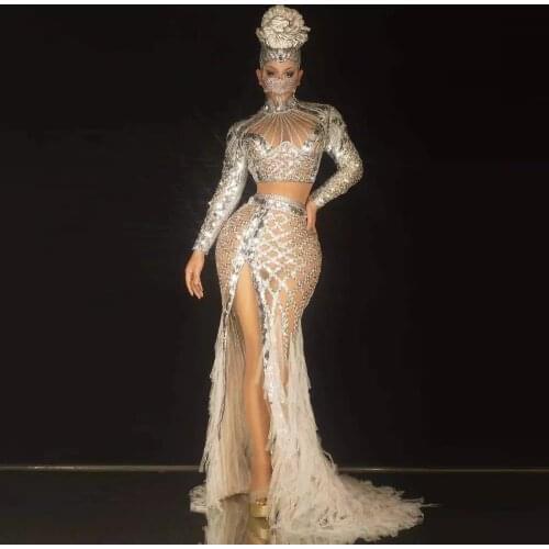 Flashing Sequin Stone Mesh Fringe Long Dresses for Women Birthday Celebrate Prom Outfit Women Concert Dancer Show Stage Wear