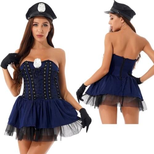 Halloween Women Policewoman Role Play Outfit Theme Party Costume Strapless Lace-up Layered Dress with Hat Gloves