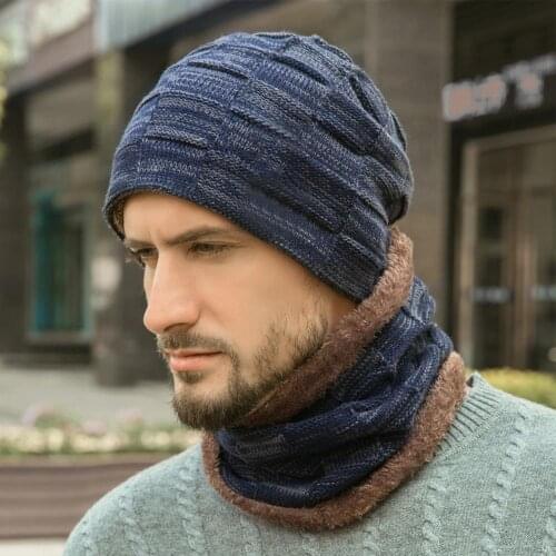 2Pcs Winter Beanie Hats Scarf Set Warm Knit Hat Skull CapNeck Warmer with Thick Fleece Lined Winter Hat and Scarf for Men Women